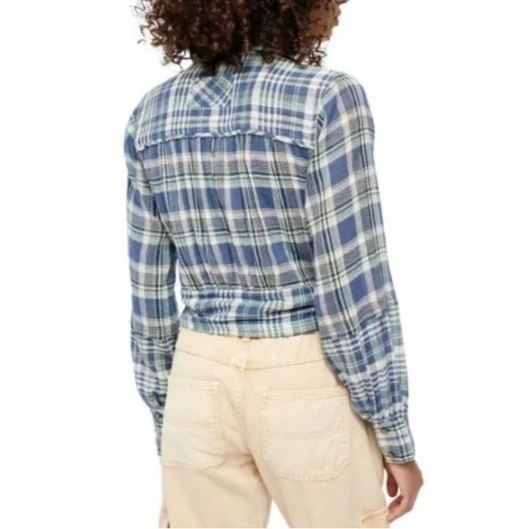 Free People First Bloom Plaid Top Blue Size XS Retails $78 - Picture 3 of 10
